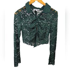 Green Ruffled Crop Blouse with Bib Collar